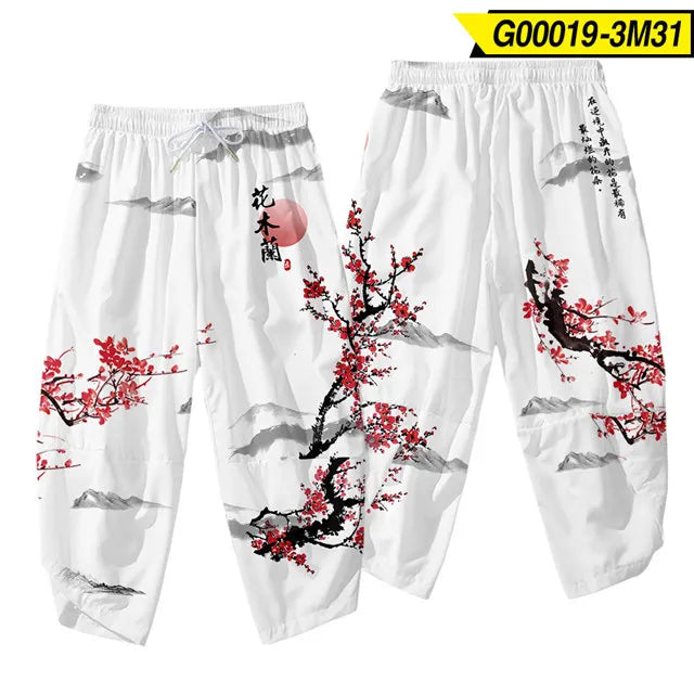 Pantalones tipo harem japoneses para hombre, negros, con estampado de dragón chino de dibujos animados, cintura elástica, estilo kimono, cortos, estilo urbano